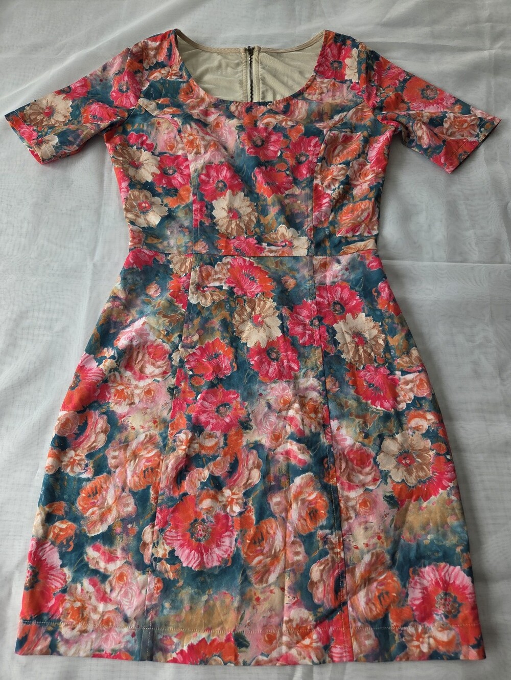 Gianni Bini Floral Scoop Neck Fit-and-Flare‎ Dress in Coral, Teal & Beige Party